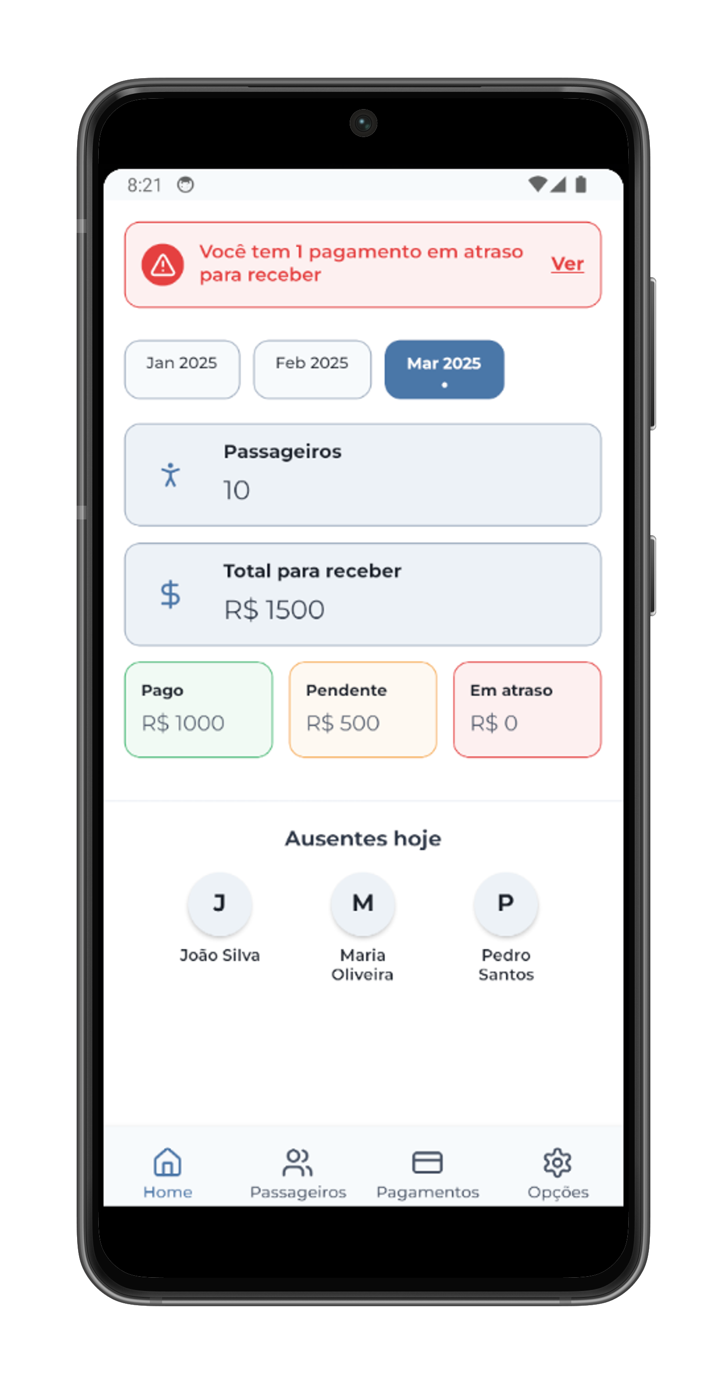 Interface do aplicativo Tio da Van mostrando o painel de controle com gestão de passageiros e pagamentos